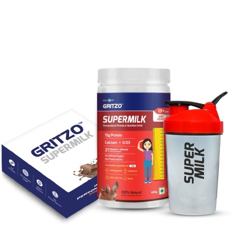 Gritzo Supermilk Personalized Protein & Nutrition Drink Girls 13+yrs Height Plus+ with Shaker, 400 g Double Chocolate