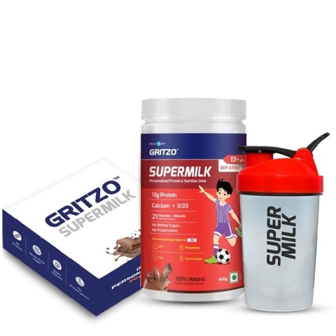 Gritzo Supermilk Personalized Protein & Nutrition Drink 13+yrs Boys-Athlete with Shaker, 400 g Double Chocolate
