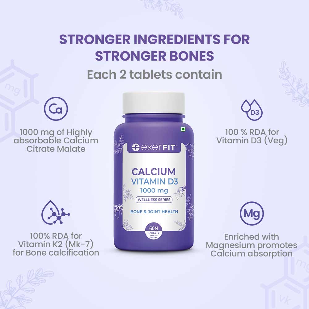 3 - exerFIT Calcium D3 1000 mg Calcium Citrate Malate (most bioactive form) 400 IU Vitamin D3 Bone Health Formula,  60 tablet(s)  Unflavoured 