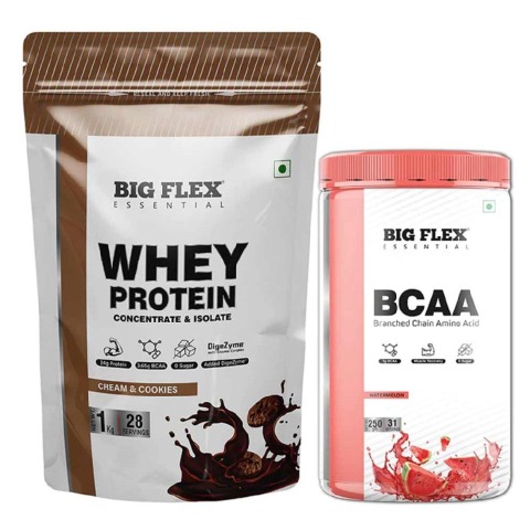 1 - Big Flex Essential Whey Protein Concentrate & Isolate, 2.2 lb Cream & Cookies with Bigflex Essential Bcaa Watermelon 250g
