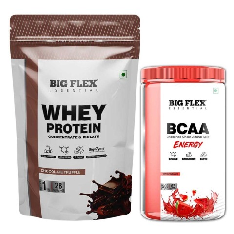 Big Flex Essential Whey Protein Concentrate & Isolate, 2.2 lb Chocolate Truffle with Bigflex Essential Bcaa Energy Watermelon 500g