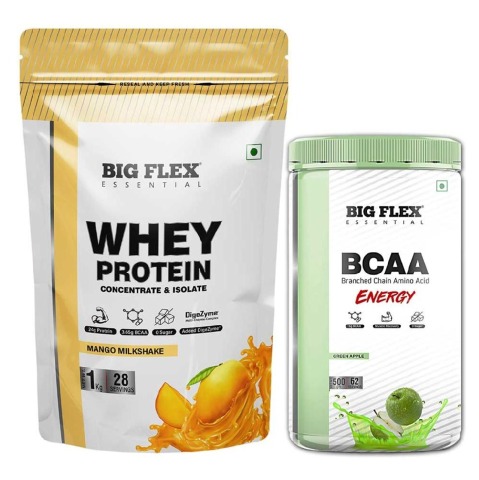 Big Flex Essential Whey Protein Concentrate & Isolate, 2.2 lb Mango Milkshake with Bigflex Essential Bcaa Energy Green Apple 500g