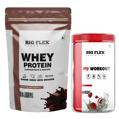 Big Flex Essential Whey Protein Concentrate & Isolate, 2.2 lb Chocolate Truffle with Bigflex Essential Pre-Workout Lychee 400g