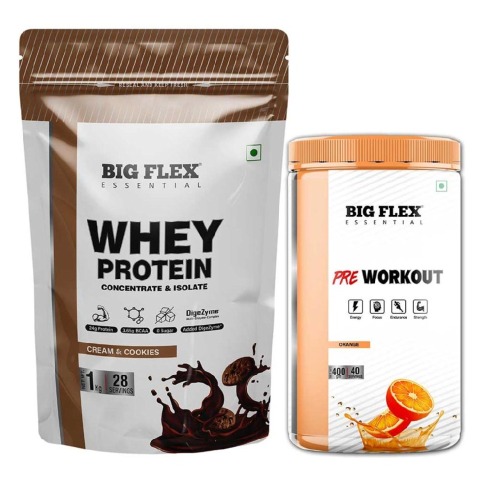 Big Flex Essential Whey Protein Concentrate & Isolate, 2.2 lb Cookies & Cream with Bigflex Essential Pre-Workout Orange 400g