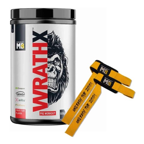MuscleBlaze Pre Workout WrathX & Weight Lifting Strap Combo