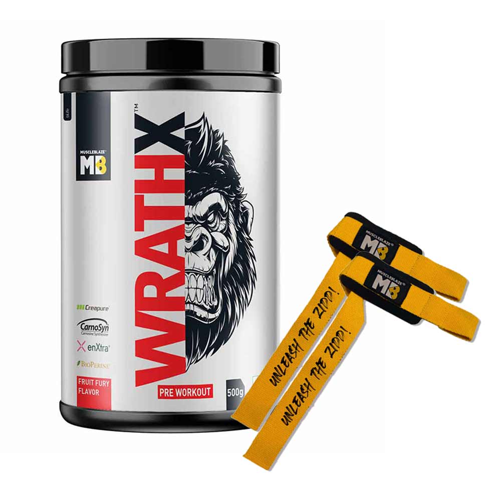 MuscleBlaze Pre Workout WrathX & Weight Lifting Strap Combo
