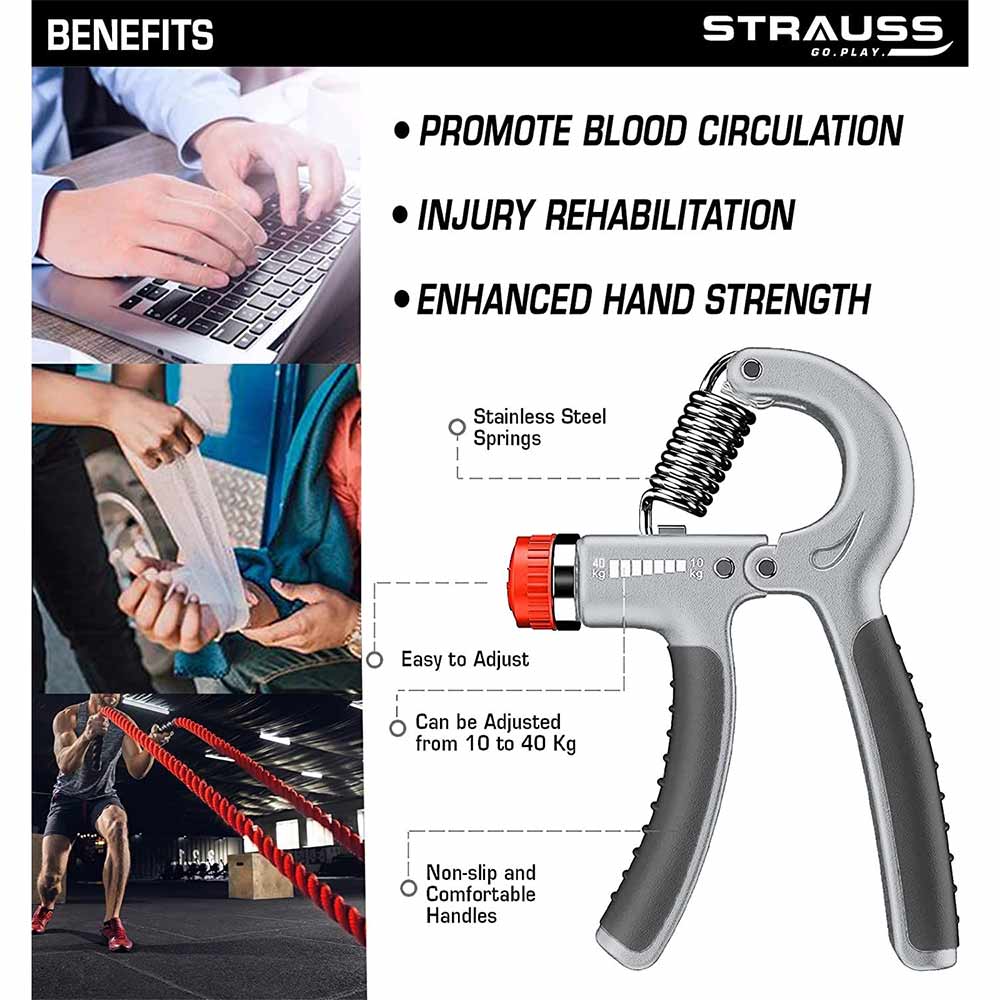 3 - Strauss Adjustable Hand Grip Strengthener,  Grey and Black 