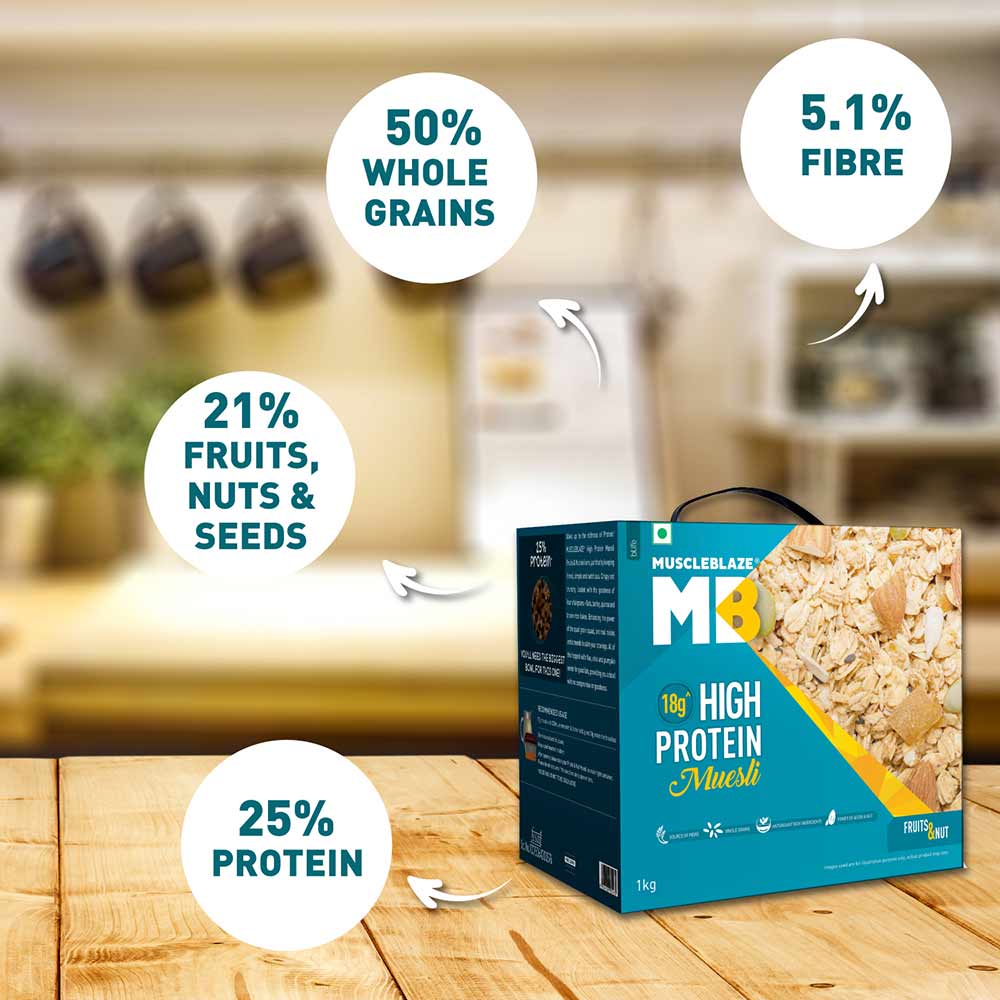 MuscleBlaze High Protein Muesli, 1kg, Fruits & Nut