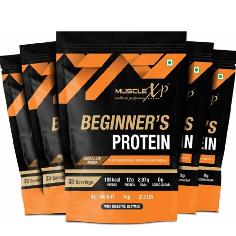 1 - MuscleXP Beginner's Protein with Digestive Enzymes, 2.2 lb Chocolate Fudge (Pack of 5)