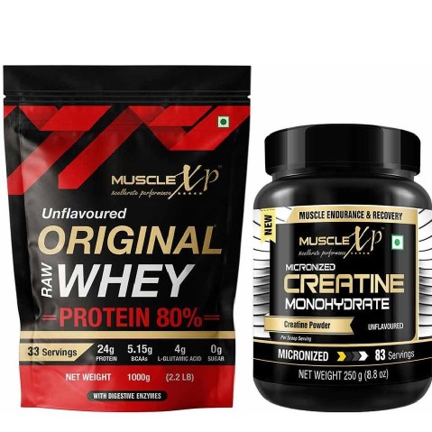 MuscleXP Original Raw Whey Protein with Digestive Enzymes, 3 Piece(s)/Pack Unflavoured + Micronized Creatine Unflavoured Combo