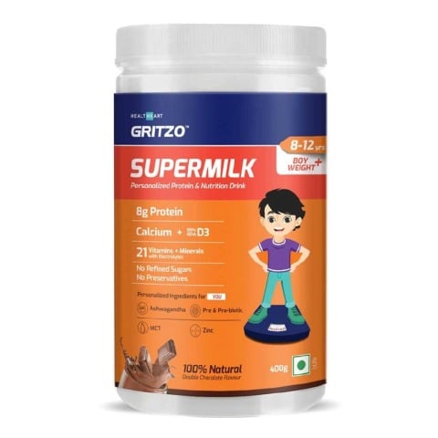 Gritzo Supermilk personalized Protein & Nutrition Drink 8-12yrs Boys Weight + OP, 400 g Double Chocolate
