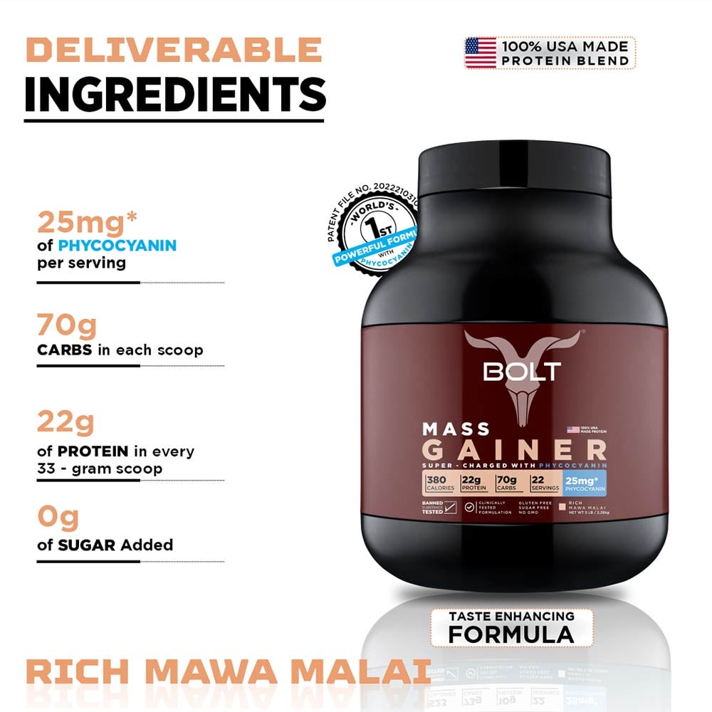 3 - Bolt Mass Gainer Super-Charged With Phycocyanin,  5 lb  Mawa Malai 
