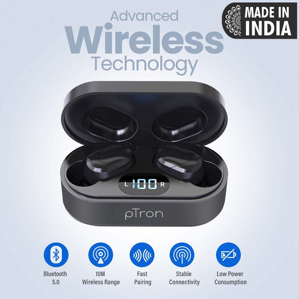 2 - Ptron Bassbuds Plus Wireless Earbuds,  Red & Black 