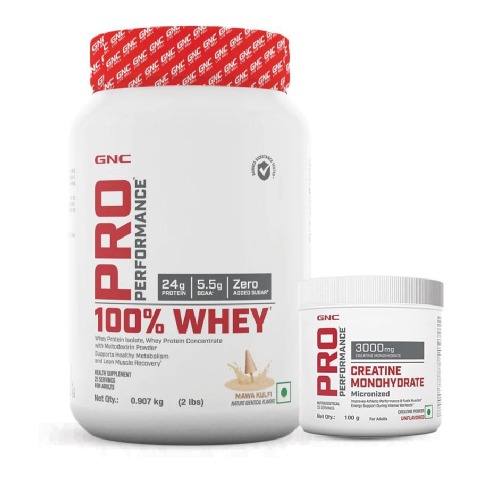 GNC Pro Performance 100% Whey 2 lb & Creatine Monohydrate 0.22 lb Combo,  2 Piece(s)/Pack  Mawa Kulfi & Unflavoured 