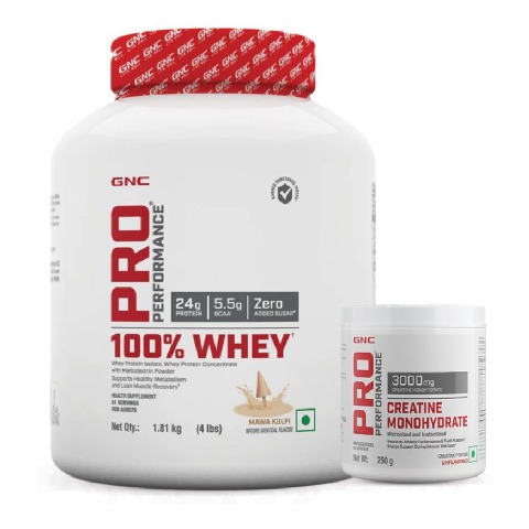 GNC Pro Performance 100% Whey 4 lb & Creatine Monohydrate 0.55 lb Combo,  2 Piece(s)/Pack  Mawa Kulfi & Unflavoured 