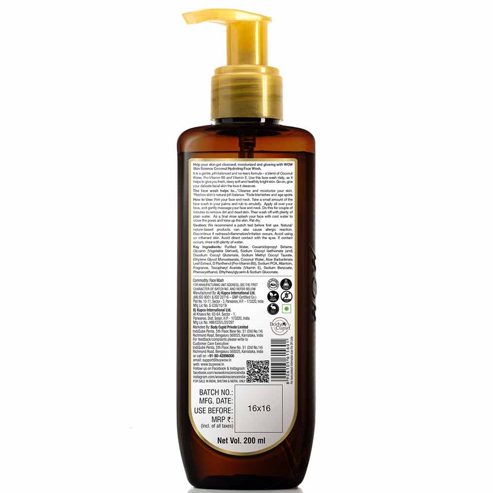 WOW Skin Science Coconut Hydrating Face Wash,  200 ml  for Dry & Sensitive Skin Types 