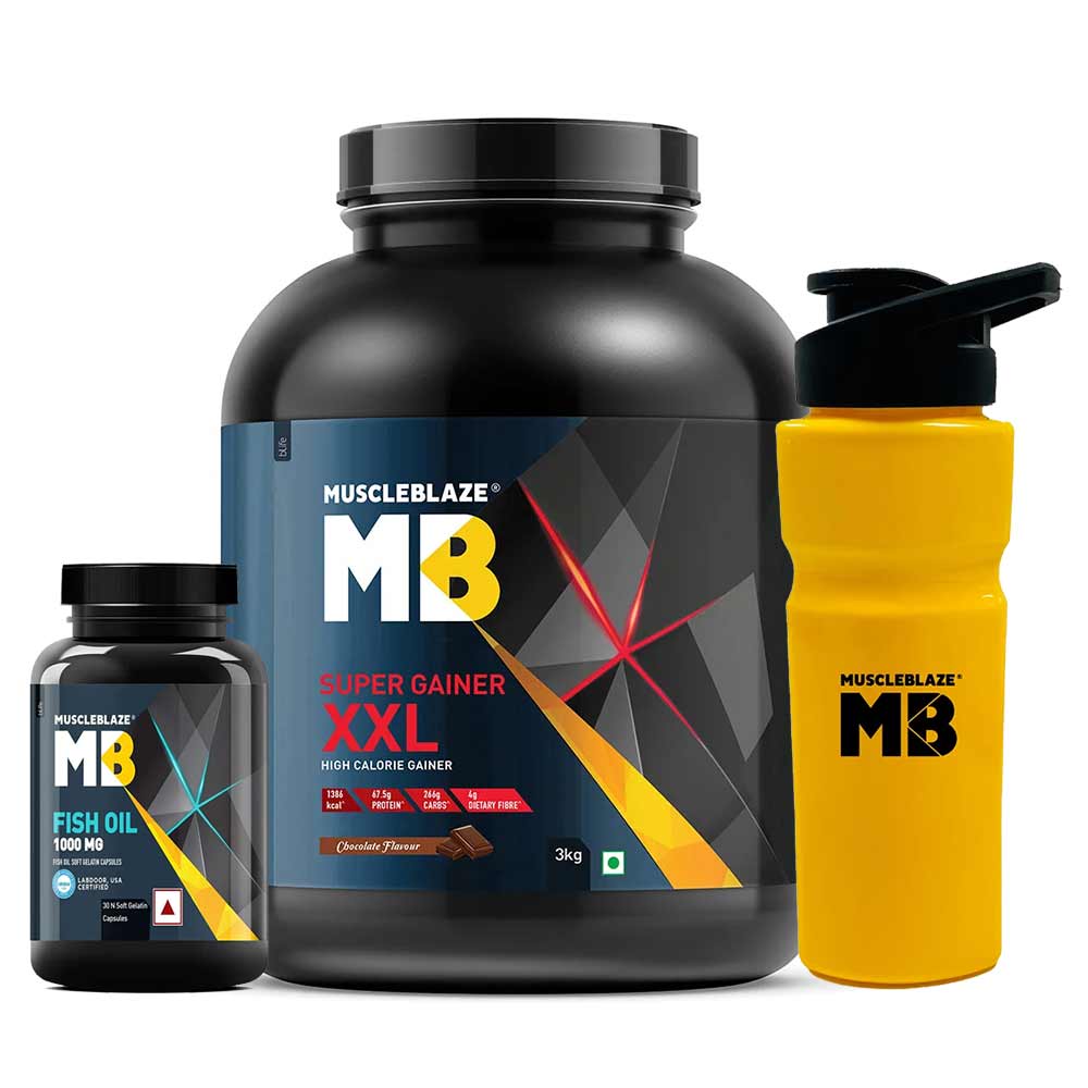 MuscleBlaze Super Gainer XXL 3kg Chocolate & Fish Oil 30 capsules & Sipper Combo