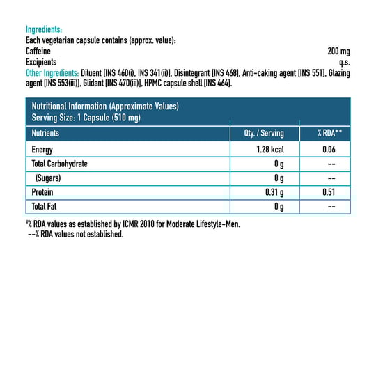 1 - HK Vitals Caffeine 200 mg by HealthKart,  90 capsules  Unflavoured 