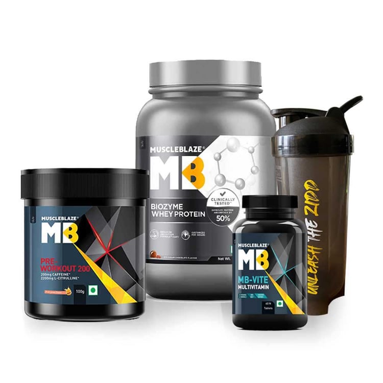 MuscleBlaze Biozyme Whey, MB Vite, Shaker & Pre Workout Combo