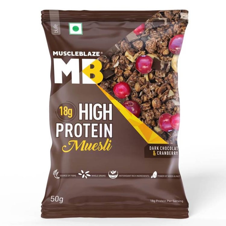 MuscleBlaze High Protein Muesli, 50 g Dark Chocolate & Cranberry